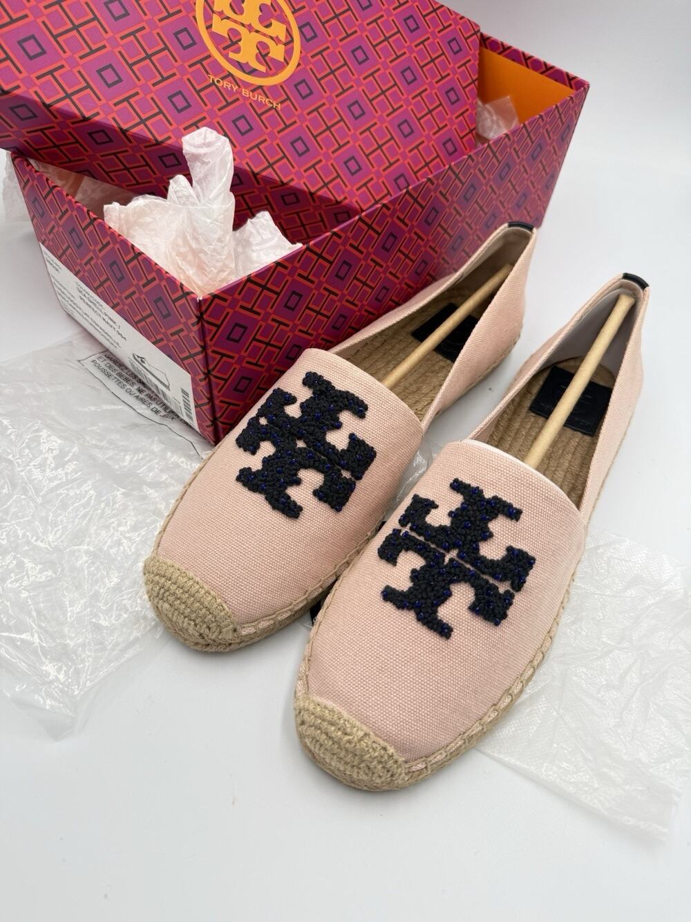 NIB Tory Burch Canvas Leather Logo Espadrille Flats Shoes Women Size US 10.5
